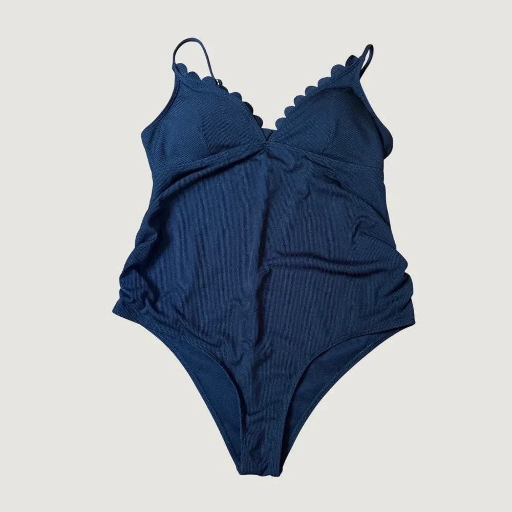 One Piece Swimsuit Women Navy Blue Scalloped Ribbed SIZE L